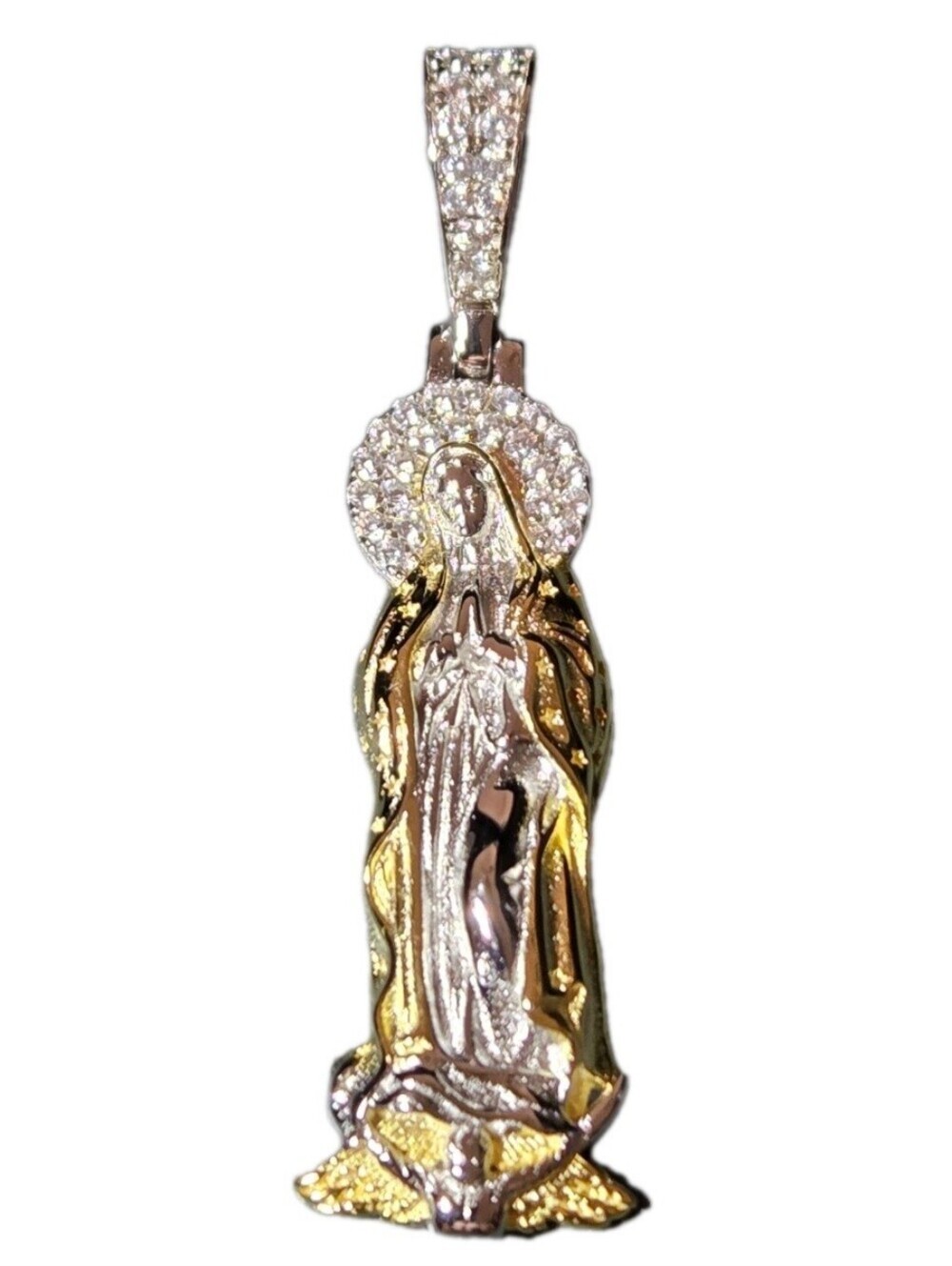 14k Gold Vermeil MOISSANITE Virgin Mary Pendant Over 925 Silver NEW - Picture 4 of 10